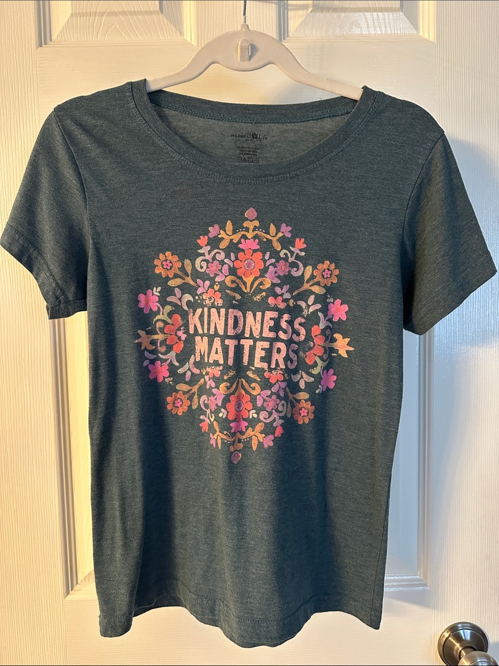 NATURAL LIFE Green Short Sleeve Tee with Floral "Kindness Matters" Graphic